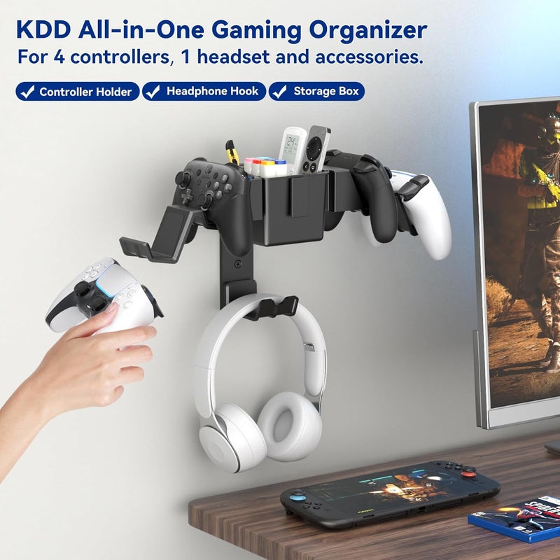 KDD Controller Wall Mount & Headset Holder, Universal Gaming Organizer Stand with Storage Box, Fits Xbox Series X/S, PS4, PS5, Switch, Steam, Gamepad Hanger for Headphones & Accessories - Image 2